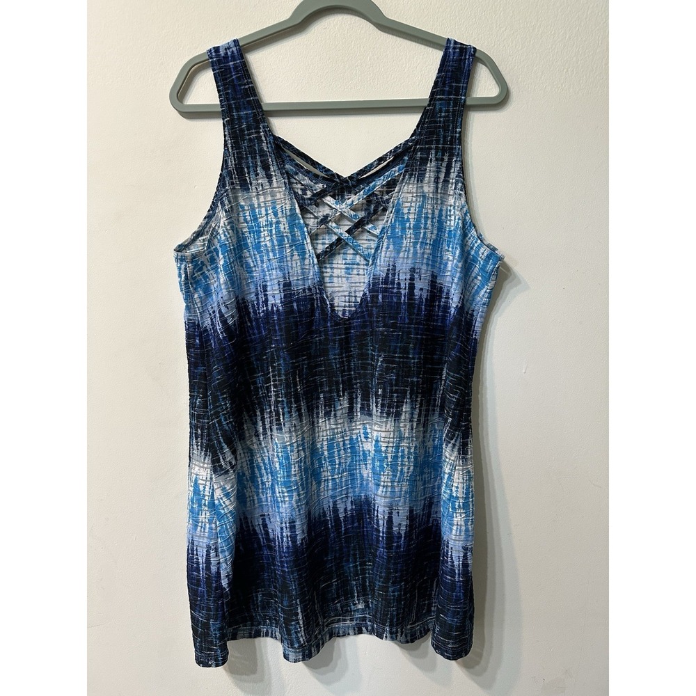 Apt 9 Crinkle Tank Top XL Blue Space Dye Striped Strappy Criss Cross Back Womens